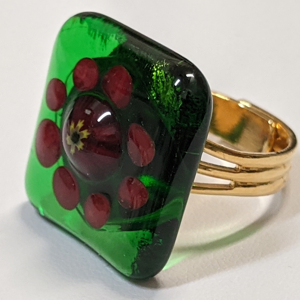 Artisan Handmade Fused glass green and red flower statement ring.